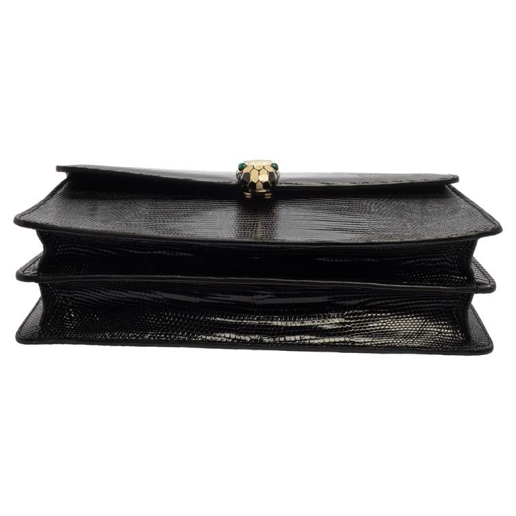 Pre Owned Bvlgari Black Lizard Skin Medium Serpenti Flap Shoulder Bag