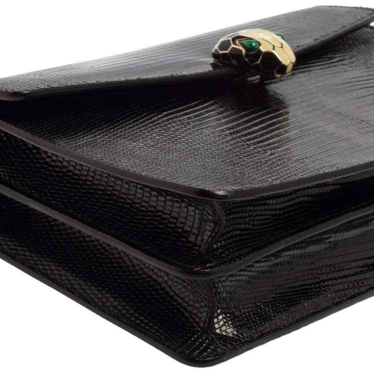Pre Owned Bvlgari Black Lizard Skin Medium Serpenti Flap Shoulder Bag