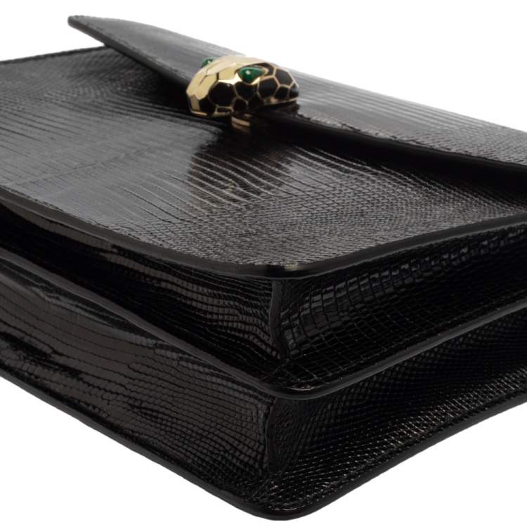 Pre Owned Bvlgari Black Lizard Skin Medium Serpenti Flap Shoulder Bag