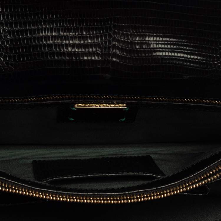 Pre Owned Bvlgari Black Lizard Skin Medium Serpenti Flap Shoulder Bag
