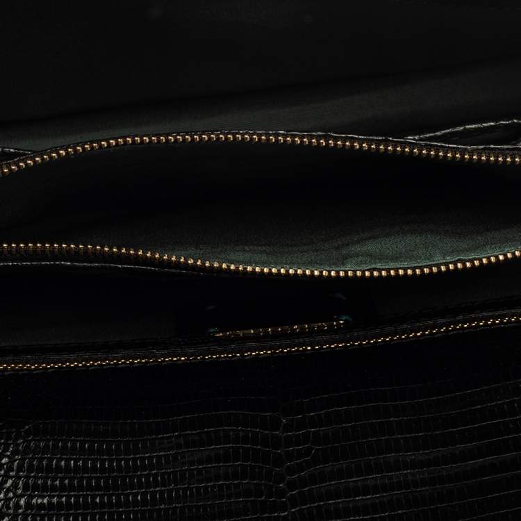 Pre Owned Bvlgari Black Lizard Skin Medium Serpenti Flap Shoulder Bag