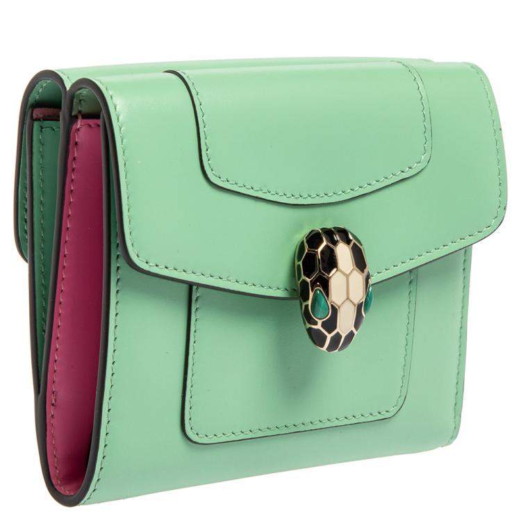 Pre Owned Bvlgari Mint Green Leather Serpenti Forever Trifold Wallet