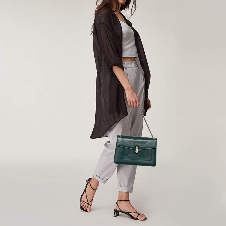 Pre Owned Bvlgari Green Leather Medium Serpenti Forever Flap Shoulder Bag