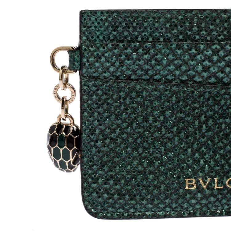 Pre Owned Bvlgari Metallic Green Karung Serpenti Forever Card Holder 