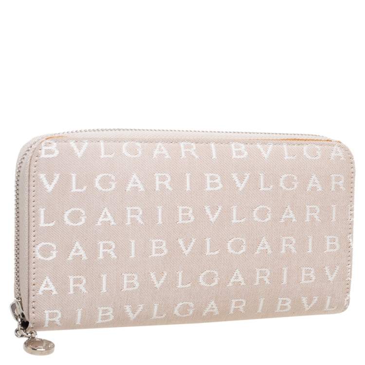 Pre Owned Bvlgari Beige Signature Canvas Zip Around Wallet 