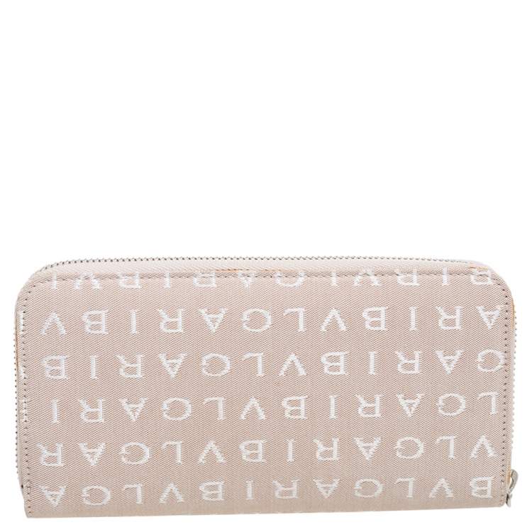 Pre Owned Bvlgari Beige Signature Canvas Zip Around Wallet 
