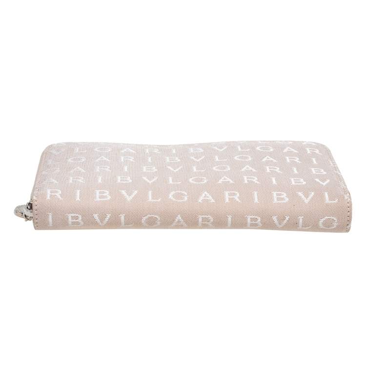 Pre Owned Bvlgari Beige Signature Canvas Zip Around Wallet 