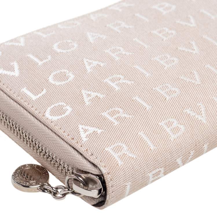 Pre Owned Bvlgari Beige Signature Canvas Zip Around Wallet 
