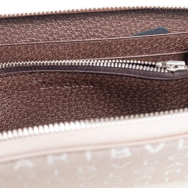 Pre Owned Bvlgari Beige Signature Canvas Zip Around Wallet 
