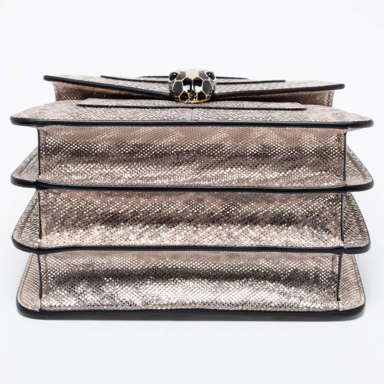 Pre Owned Bvlgari Metallic Gold/Light Beige Karung Leather Small Serpenti Forever Top Handle Bag