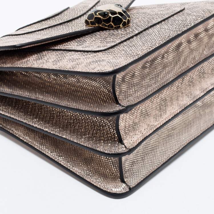 Pre Owned Bvlgari Metallic Gold/Light Beige Karung Leather Small Serpenti Forever Top Handle Bag