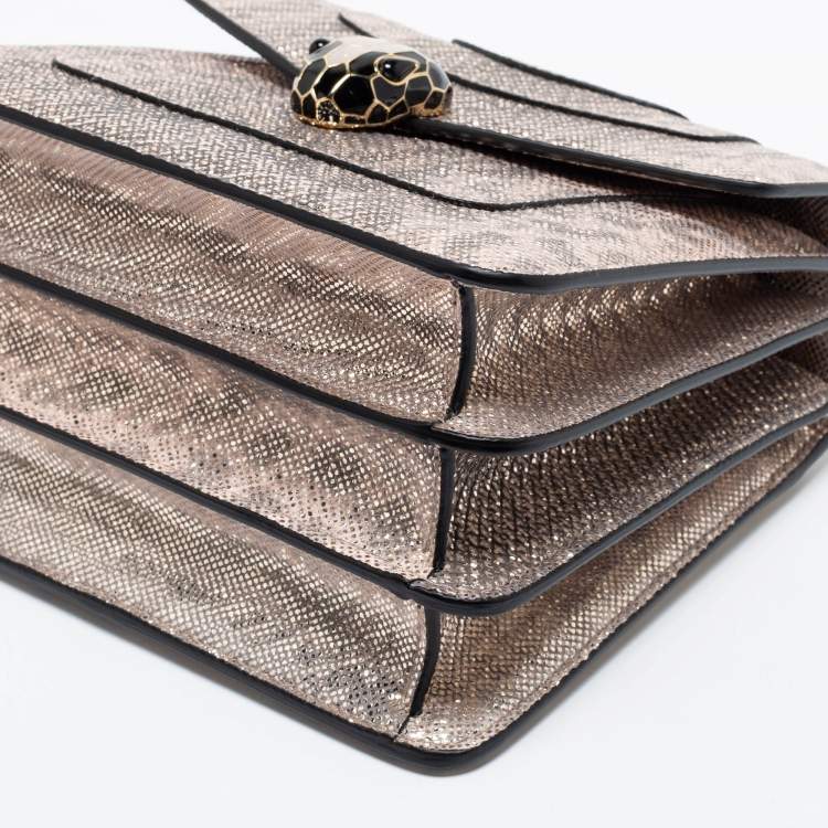 Pre Owned Bvlgari Metallic Gold/Light Beige Karung Leather Small Serpenti Forever Top Handle Bag