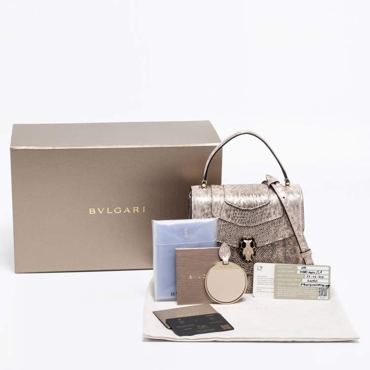 Pre Owned Bvlgari Metallic Gold/Light Beige Karung Leather Small Serpenti Forever Top Handle Bag