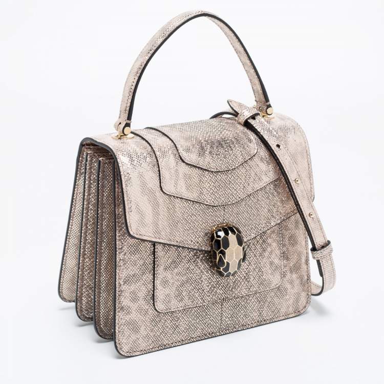 Pre Owned Bvlgari Metallic Gold/Light Beige Karung Leather Small Serpenti Forever Top Handle Bag