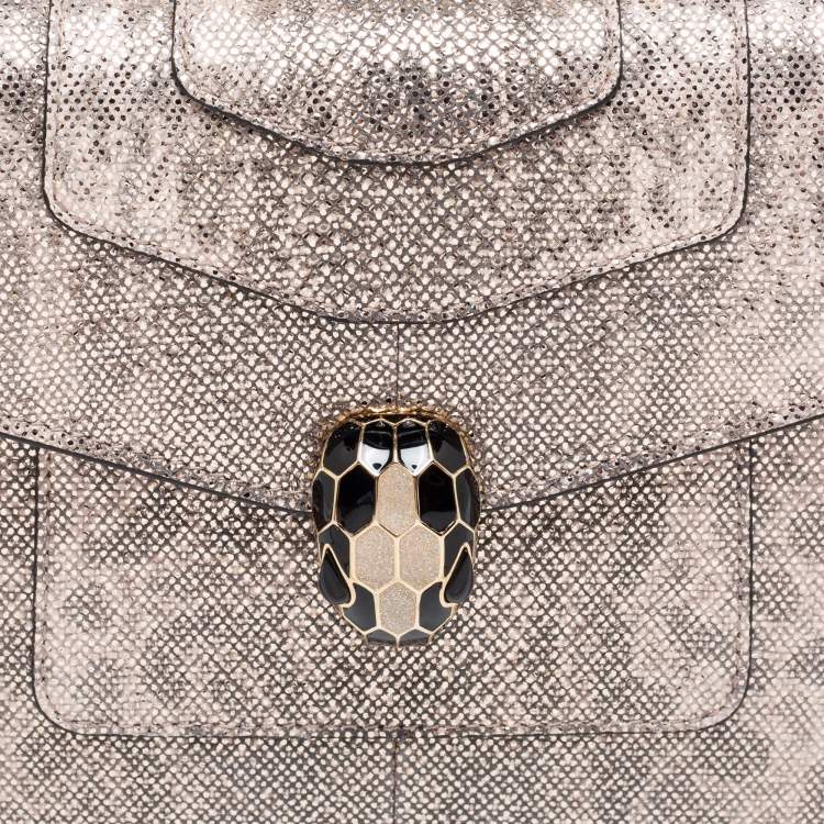 Pre Owned Bvlgari Metallic Gold/Light Beige Karung Leather Small Serpenti Forever Top Handle Bag