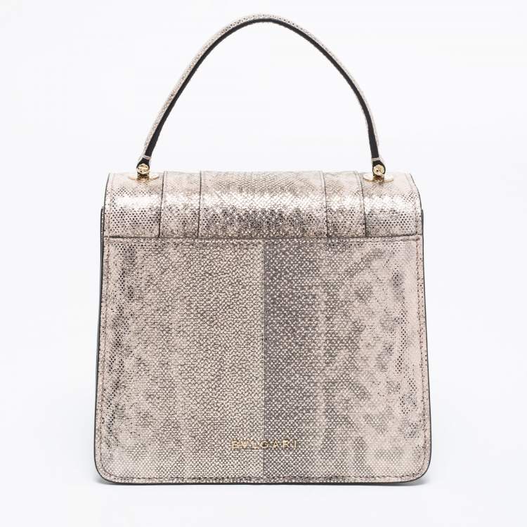 Pre Owned Bvlgari Metallic Gold/Light Beige Karung Leather Small Serpenti Forever Top Handle Bag