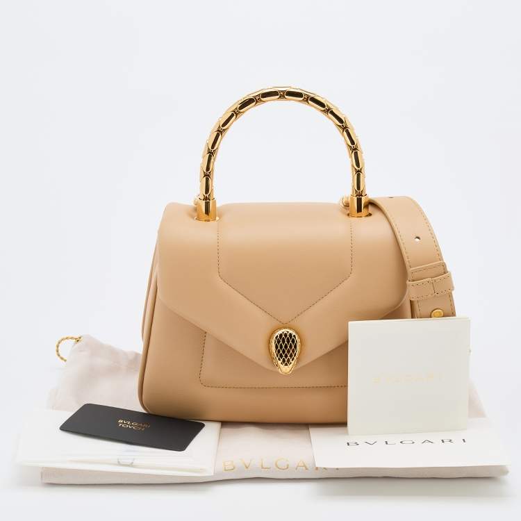 Pre Owned Bvlgari Beige Leather Serpenti Reverse Top Handle Bag