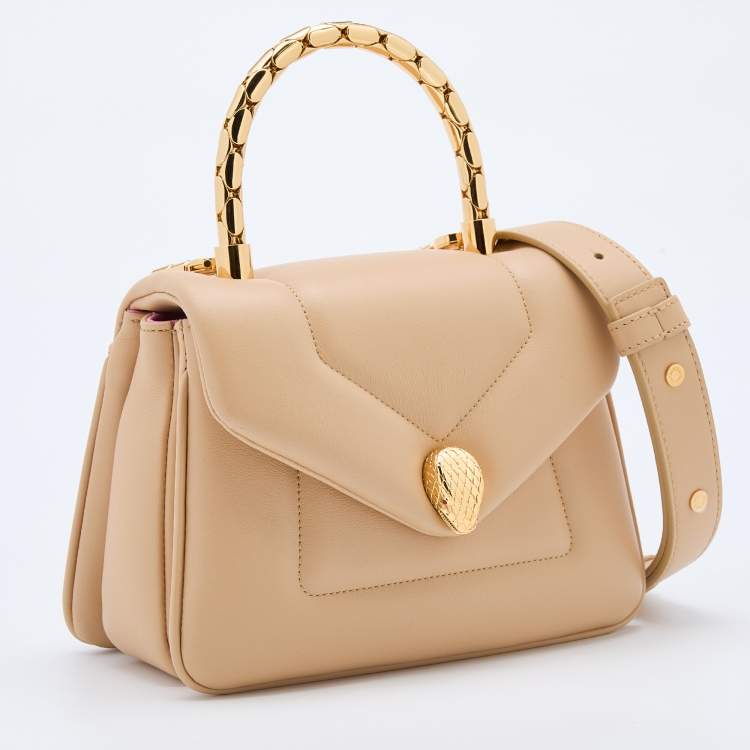 Pre Owned Bvlgari Beige Leather Serpenti Reverse Top Handle Bag