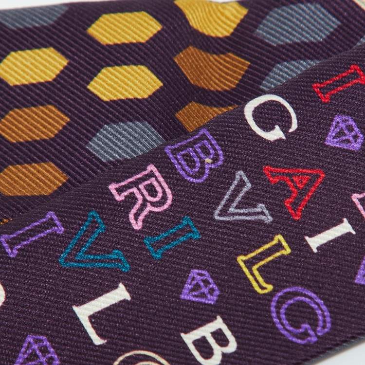 Pre Owned Bvlgari Purple Serpenti Letter Logo Print Silk Bandeau Scarf