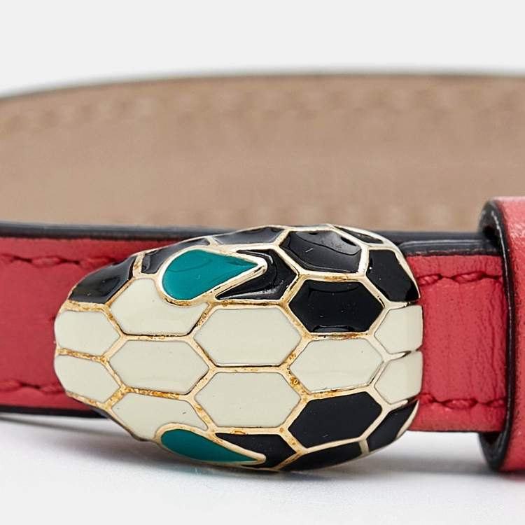 Pre Owned Bvlgari Serpenti Forever Leather Enamel Gold Tone Bracelet