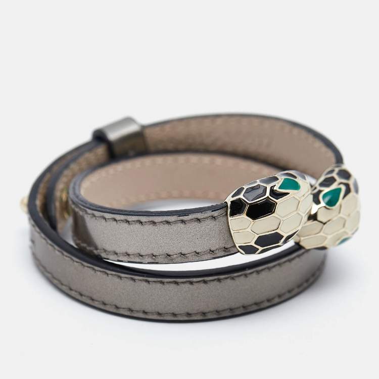 Pre Owned Bvlgari  Serpenti Forever Enamel Double Coiled Leather Gold Plated Bracelet