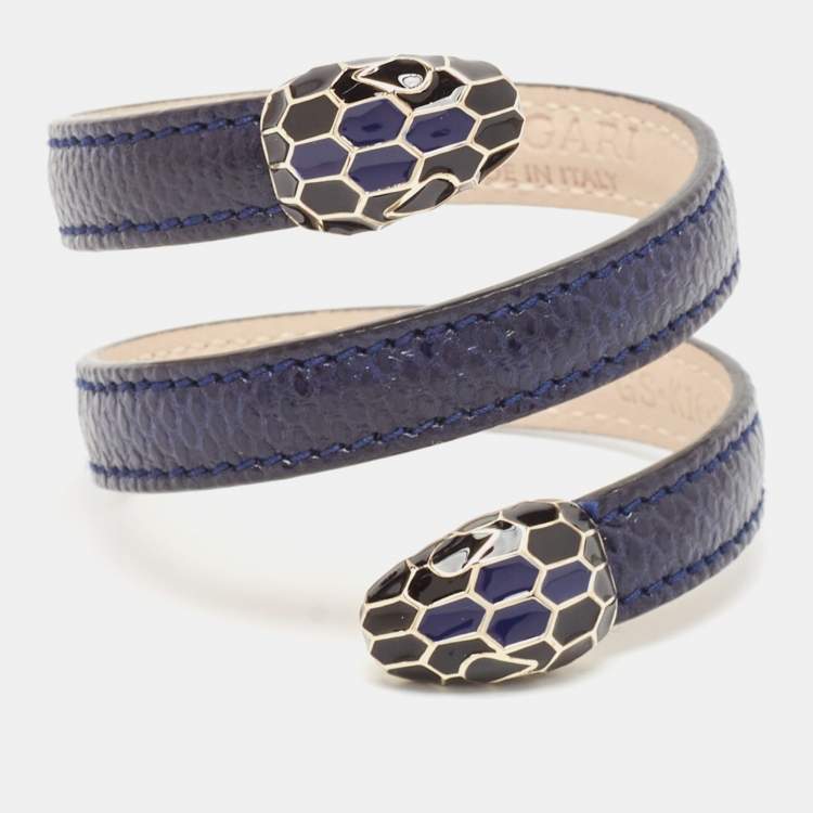 مملوكة مسبقًا Bvlgari Serpenti Forever Navy Blue Leather Multi-Coiled Enamel Gold Tone Bracelet