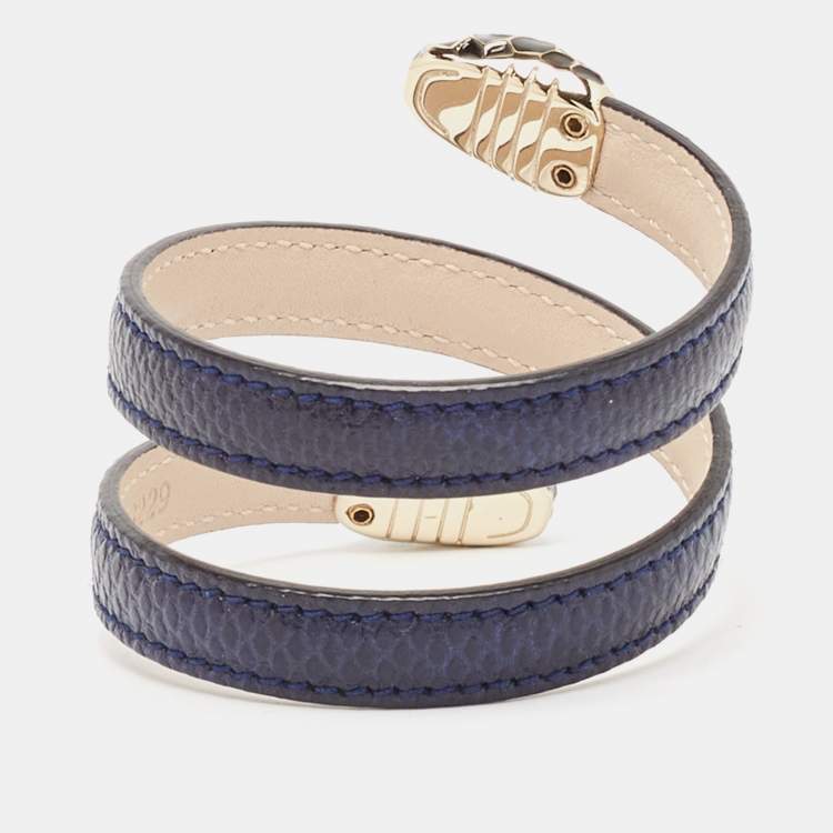 مملوكة مسبقًا Bvlgari Serpenti Forever Navy Blue Leather Multi-Coiled Enamel Gold Tone Bracelet