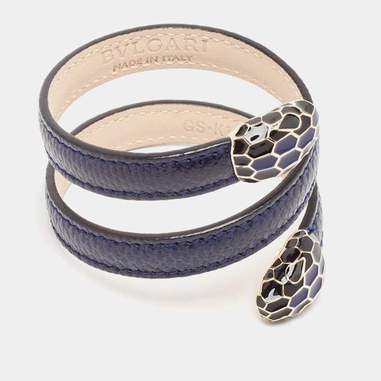 مملوكة مسبقًا Bvlgari Serpenti Forever Navy Blue Leather Multi-Coiled Enamel Gold Tone Bracelet