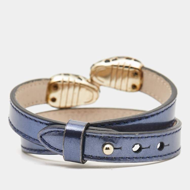 Pre Owned Bvlgari Serpenti Forever Enamel Double Coiled Leather Gold Tone Bracelet