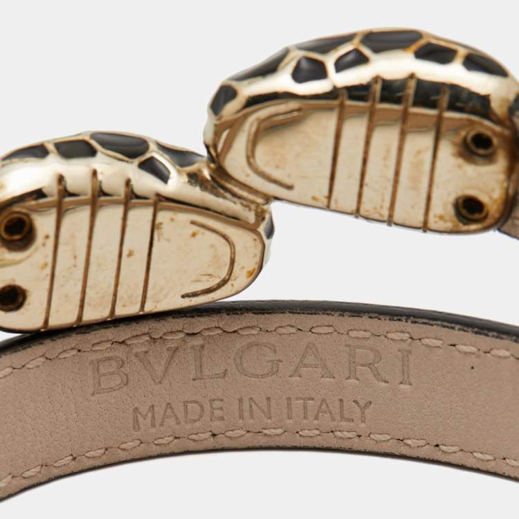 Pre Owned Bvlgari Serpenti Forever Enamel Double Coiled Leather Gold Tone Bracelet