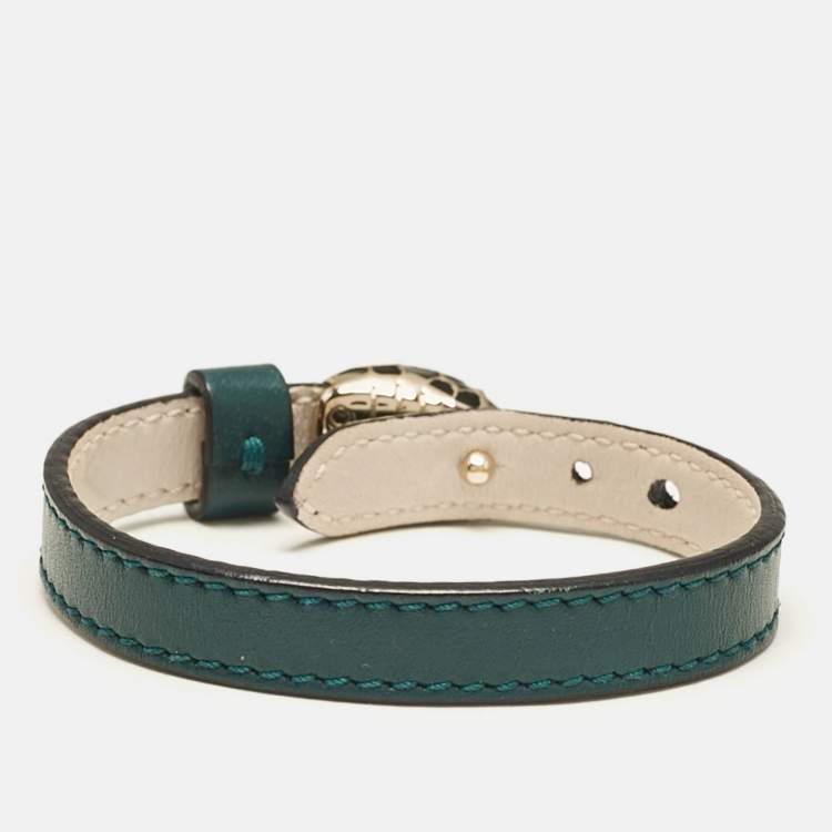 Pre Owned Bvlgari Serpenti Forever Green Leather Enamel Gold Tone Bracelet