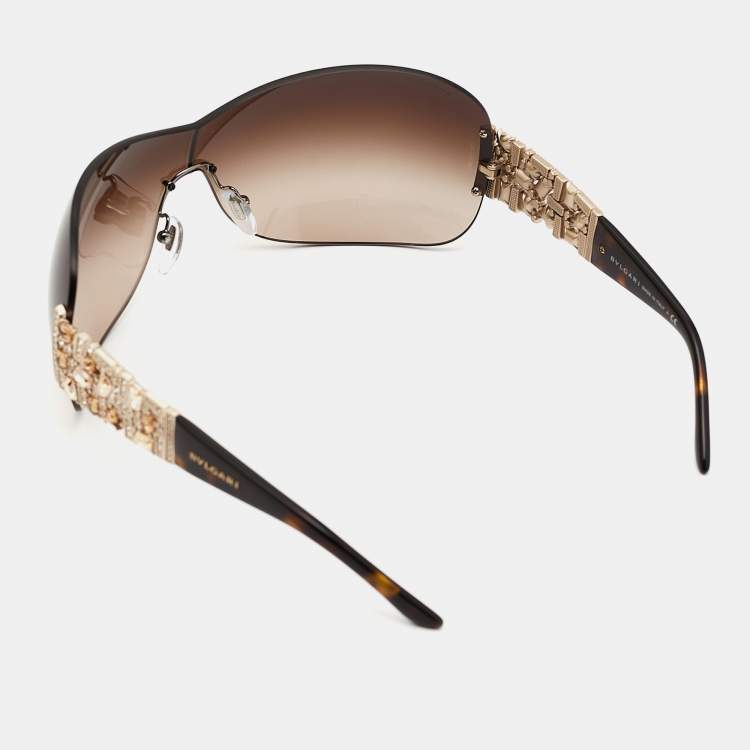 Pre Owned Bvlgari Brown Gradient 6071-B Crystals Shield Sunglasses