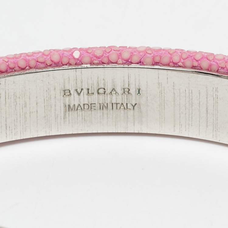 Pre Owned Bvlgari Serpenti Forever Enamel Pink Galuchat Leather SIlver Tone Open Cuff Bracelet