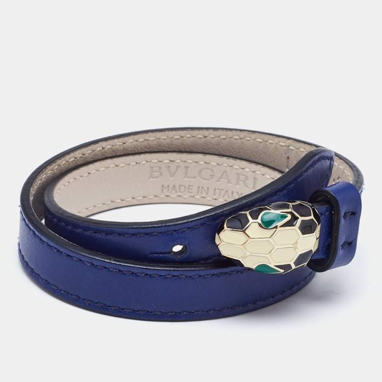 Pre Owned Bvlgari Serpenti Forever Navy Blue Enamel Gold Tone Double Wrap Bracelet