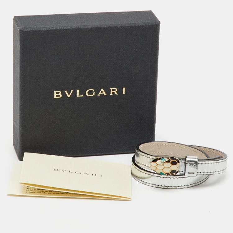 Pre Owned Bvlgari Serpenti Forever Enamel Silver Double Coiled Leather Gold Tone Bracelet
