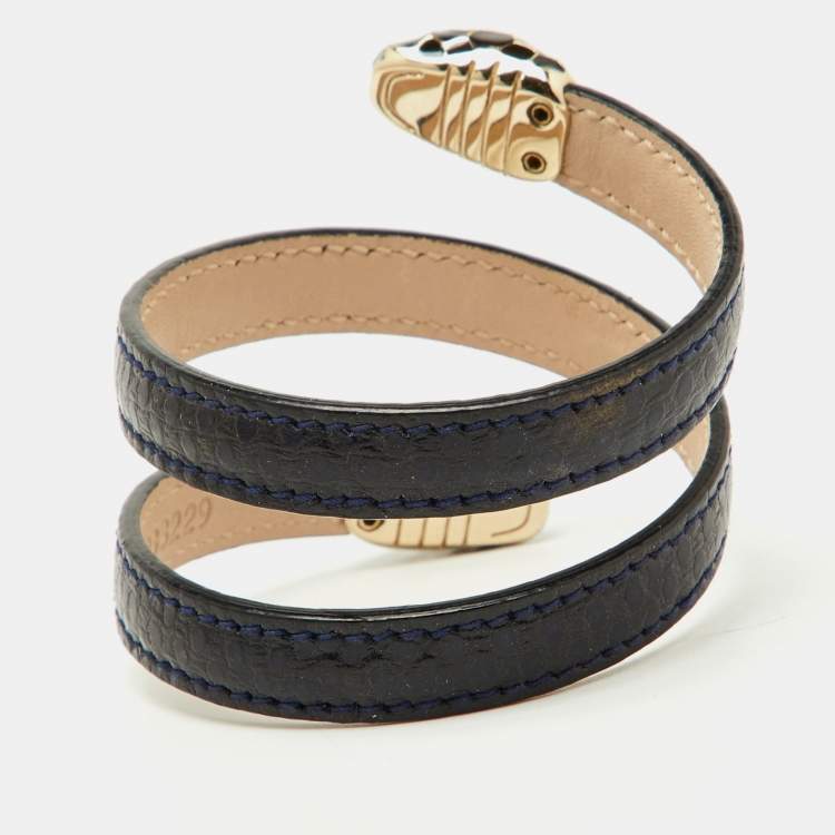 Pre Owned Bvlgari Serpenti Forever Navy Blue Python Leather Enamel Double Coiled Bracelet