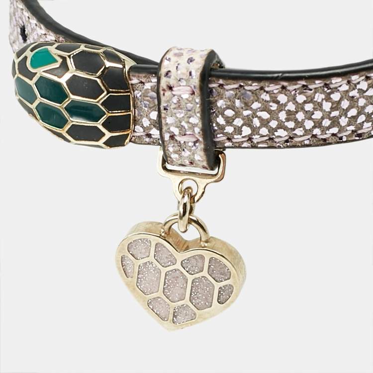 Pre Owned Bvlgari Serpenti Forever Leather Heart Charm Enamel Gold Tone Bracelet