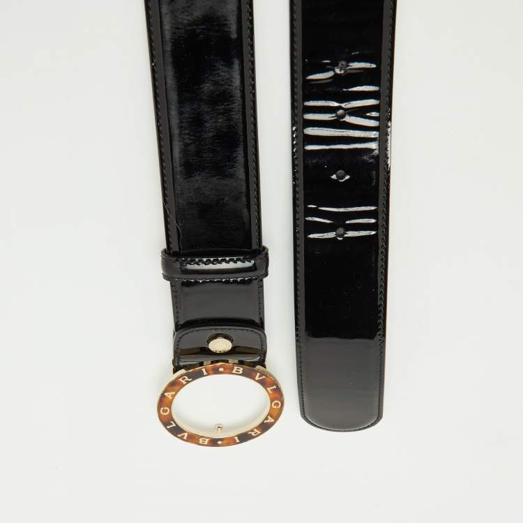 Pre Owned Bvlgari Black Patent Leather Ring Buckle Belt 110CM