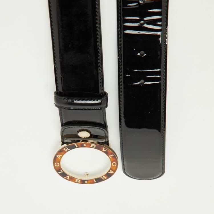 Pre Owned Bvlgari Black Patent Leather Ring Buckle Belt 110CM