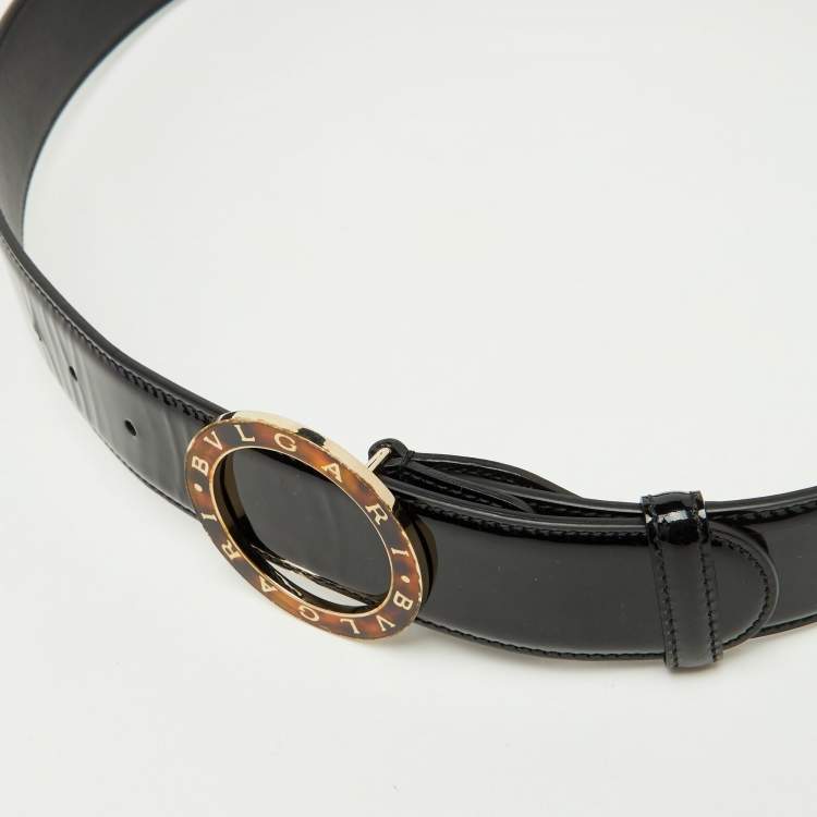 Pre Owned Bvlgari Black Patent Leather Ring Buckle Belt 110CM