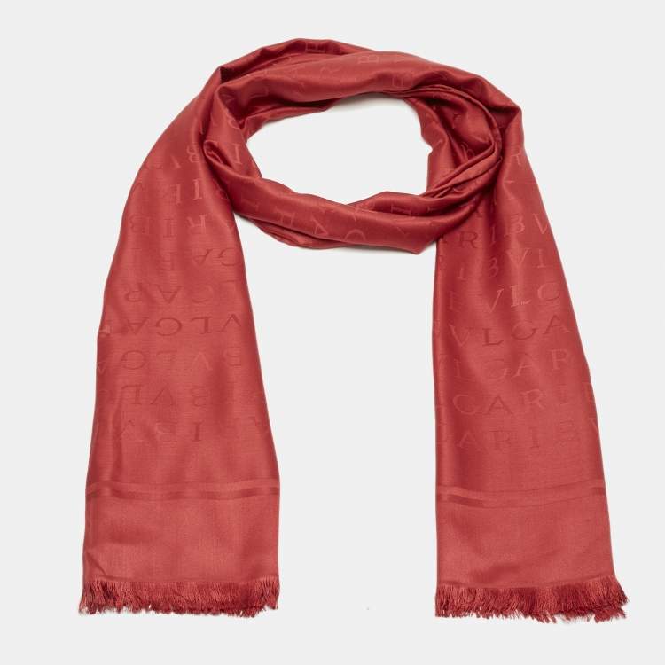 Pre Owned Bvlgari Ruby Red Silk Lettere Maxi Logomania Stole