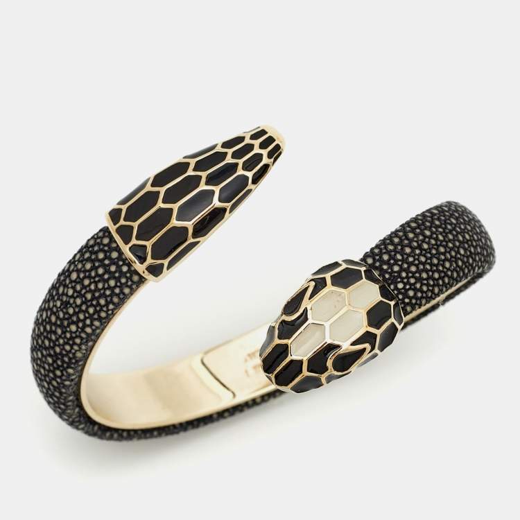 Pre Owned Bvlgari Serpenti Enamel Leather Gold Tone Open Cuff Bracelet