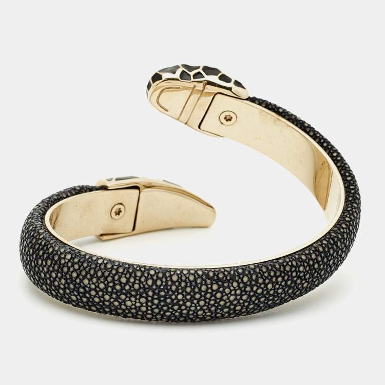 Pre Owned Bvlgari Serpenti Enamel Leather Gold Tone Open Cuff Bracelet