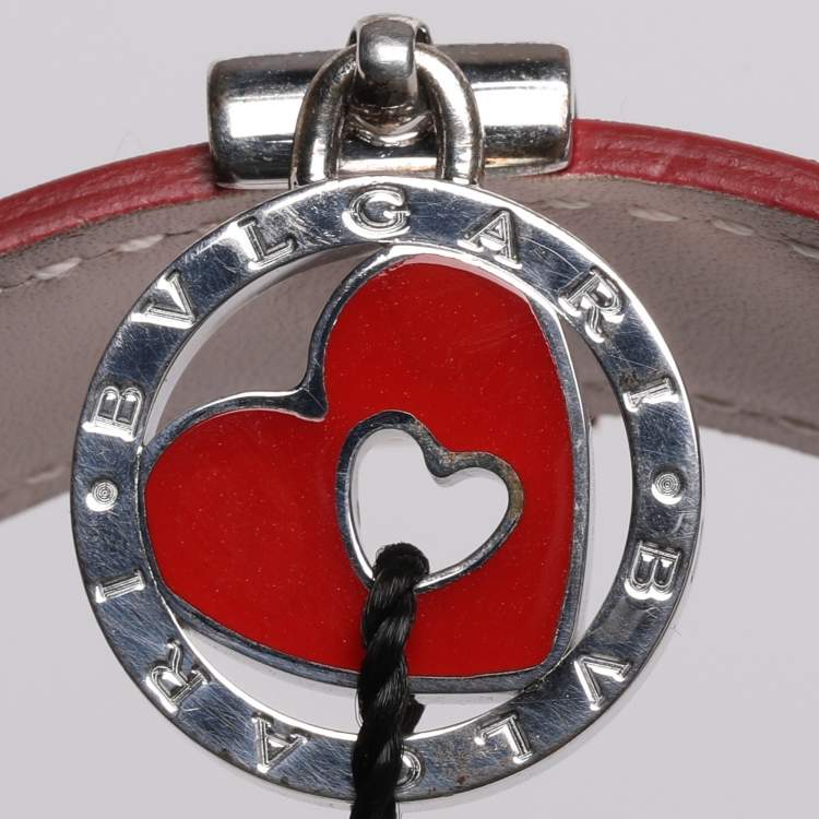Pre Owned Bvlgari Red Leather Sterling Silver 925 Open Cuff Bracelet