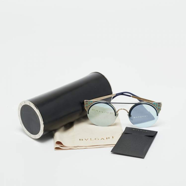 Pre Owned Bvlgari Blue/Gold Tone Mirrored 6088 Serpenti Frame Round Sunglasses