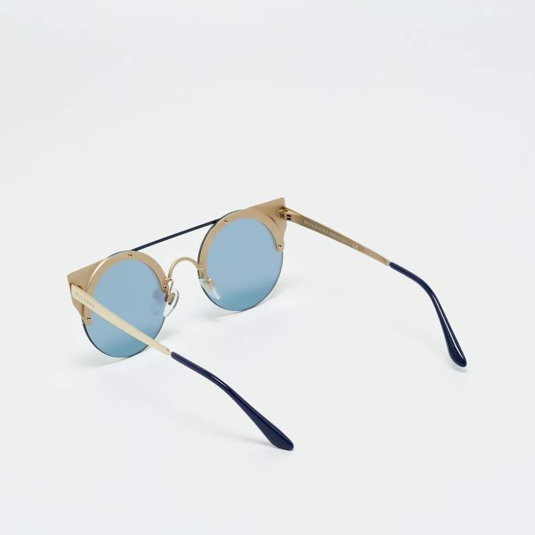 Pre Owned Bvlgari Blue/Gold Tone Mirrored 6088 Serpenti Frame Round Sunglasses