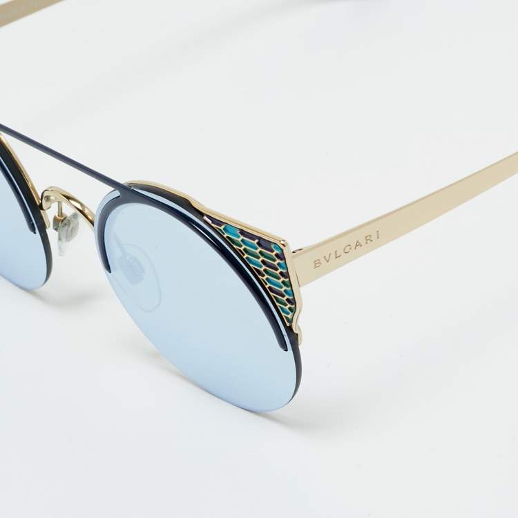Pre Owned Bvlgari Blue/Gold Tone Mirrored 6088 Serpenti Frame Round Sunglasses