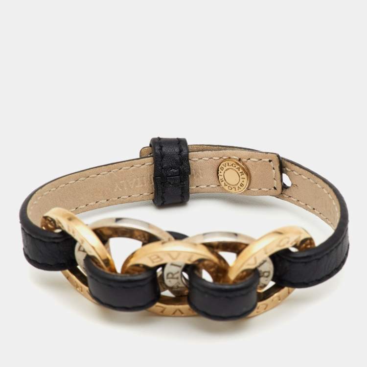 Pre Owned Bvlgari Two Tone Interlocking Circles Black Leather Bracelet