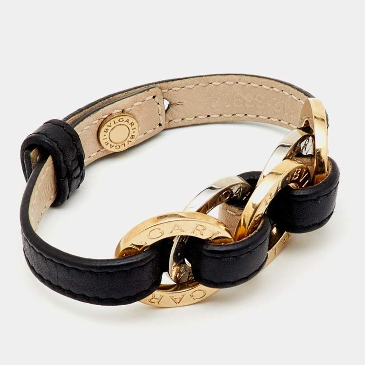 Pre Owned Bvlgari Two Tone Interlocking Circles Black Leather Bracelet