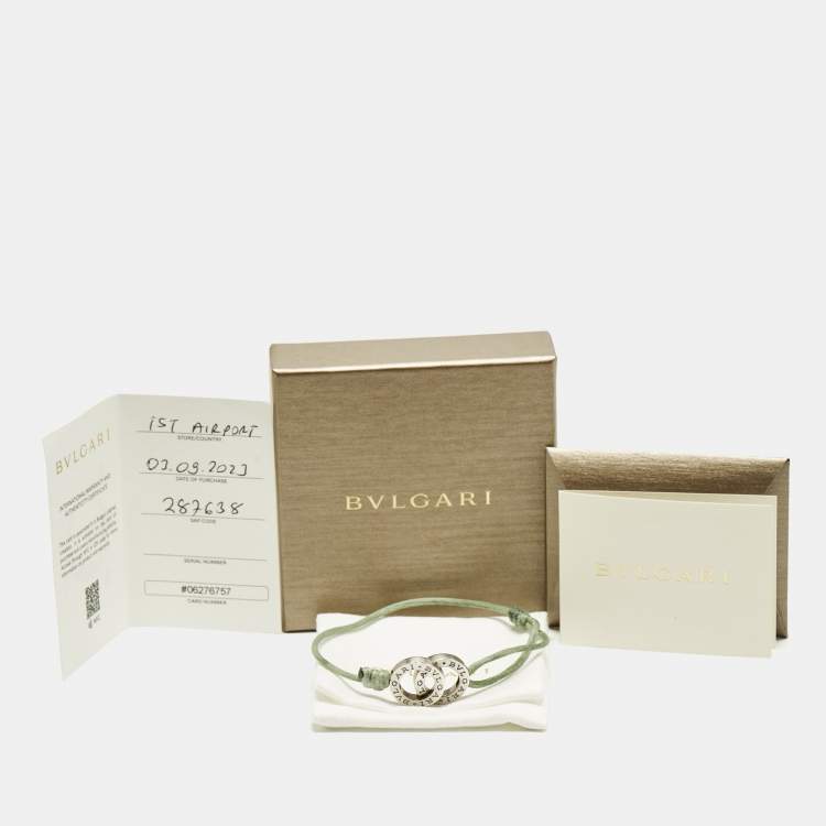Pre Owned Bvlgari Fortuna Interlocking Circles Sterling Silver Green Cord Bracelet